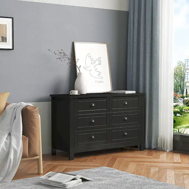 Commode double 6 tiroirs de style antique avec poignée coquille rétro pour chambre à coucher, salon