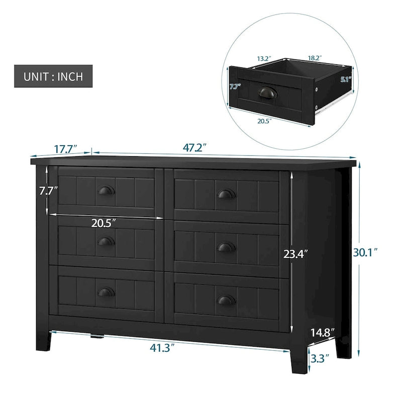 Commode double 6 tiroirs de style antique avec poignée coquille rétro pour chambre à coucher, salon