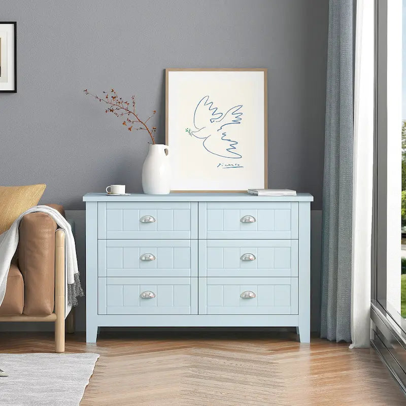 Commode double 6 tiroirs de style antique avec poignée coquille rétro pour chambre à coucher, salon