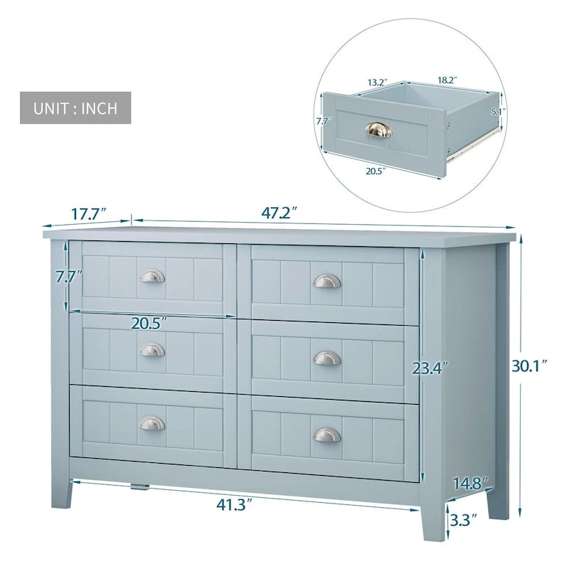 Commode double 6 tiroirs de style antique avec poignée coquille rétro pour chambre à coucher, salon