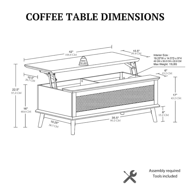 Table basse relevable en rotin avec rangement - 42 x 17