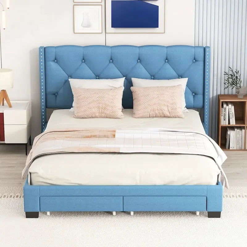 Lit plateforme en lin avec 2 tiroirs