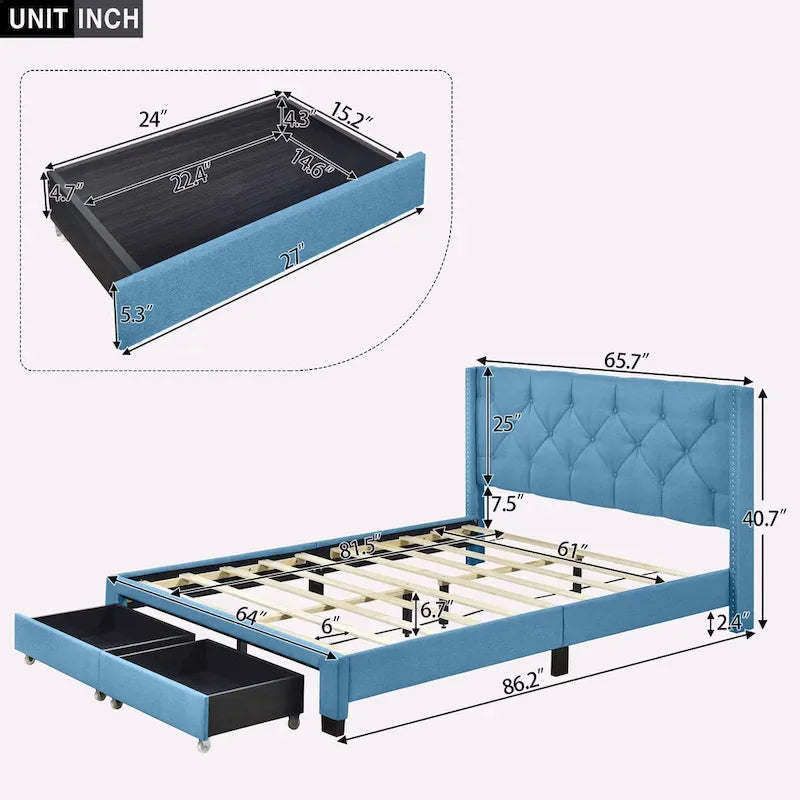 Lit plateforme en lin avec 2 tiroirs