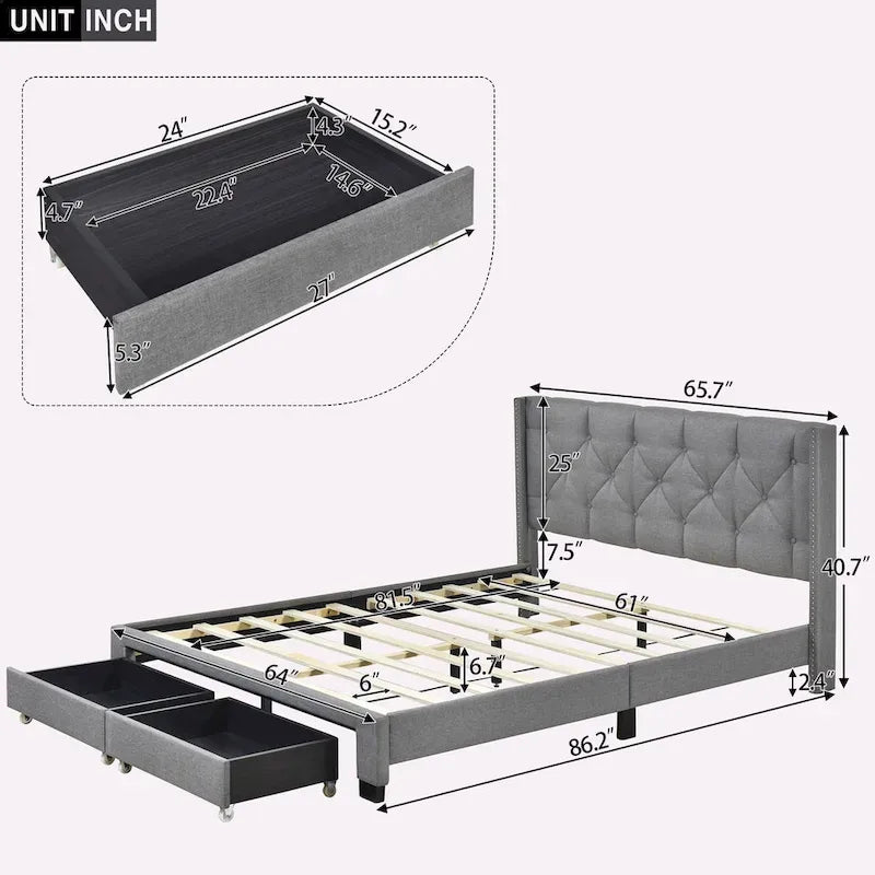 Lit plateforme en lin avec 2 tiroirs