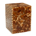 Teak Wood Handmade Square Block Accent Table with Mosaic Wood Chip Design - Brown - Roche River Decor - 14Wx14Lx18H