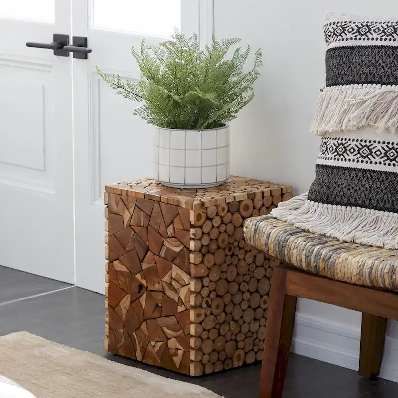 Table d'appoint carrée en bois de teck fait main avec motif en mosaïque de copeaux de bois - Marron - 14lx14Lx18H (pouces)