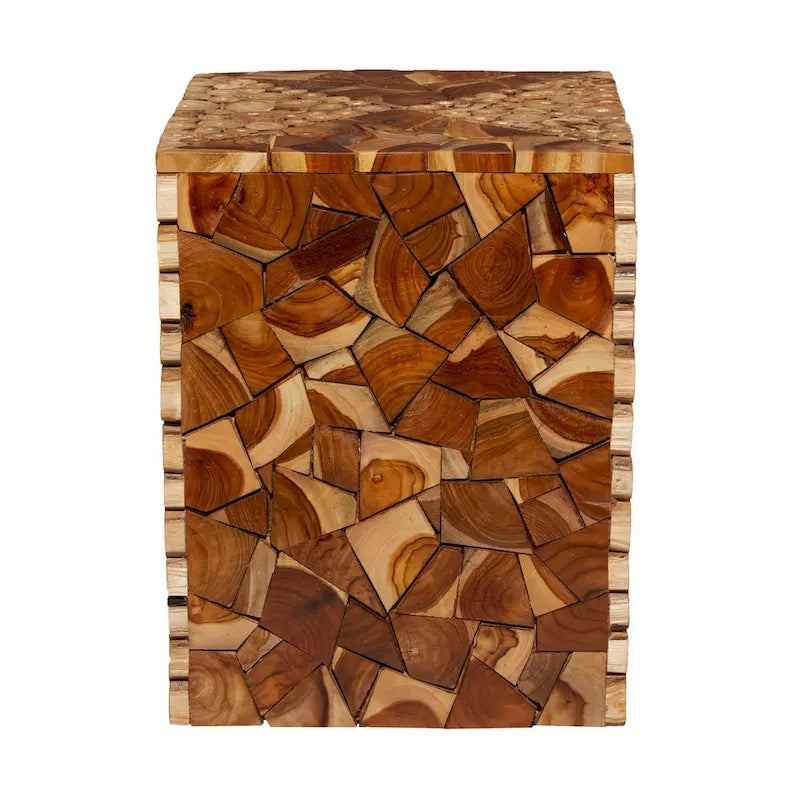 Table d'appoint carrée en bois de teck fait main avec motif en mosaïque de copeaux de bois - Marron - 14lx14Lx18H (pouces)