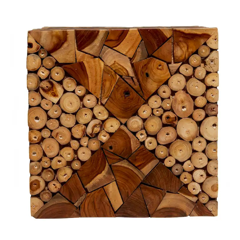 Table d'appoint carrée en bois de teck fait main avec motif en mosaïque de copeaux de bois - Marron - 14lx14Lx18H (pouces)