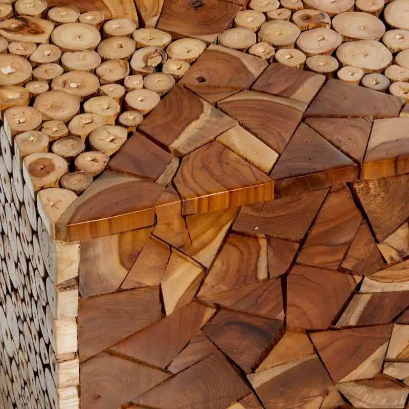Table d'appoint carrée en bois de teck fait main avec motif en mosaïque de copeaux de bois - Marron - 14lx14Lx18H (pouces)