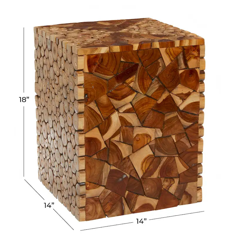 Table d'appoint carrée en bois de teck fait main avec motif en mosaïque de copeaux de bois - Marron - 14lx14Lx18H (pouces)
