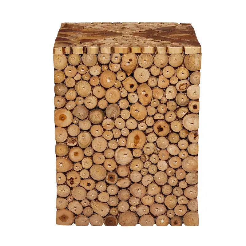 Table d'appoint carrée en bois de teck fait main avec motif en mosaïque de copeaux de bois - Marron - 14lx14Lx18H (pouces)
