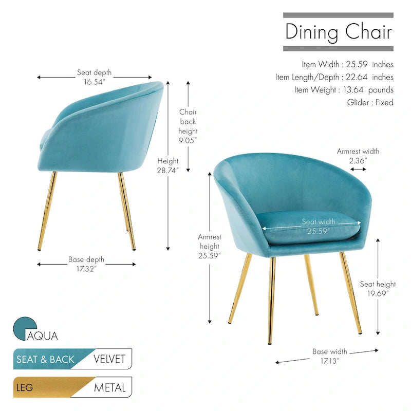Chaises de salle à manger, Revêtement en velours, Pieds en métal doré