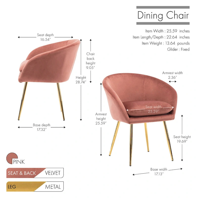 Chaises de salle à manger, Revêtement en velours, Pieds en métal doré