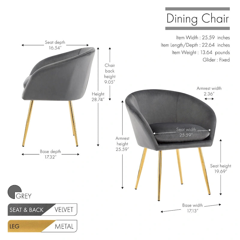 Chaises de salle à manger, Revêtement en velours, Pieds en métal doré