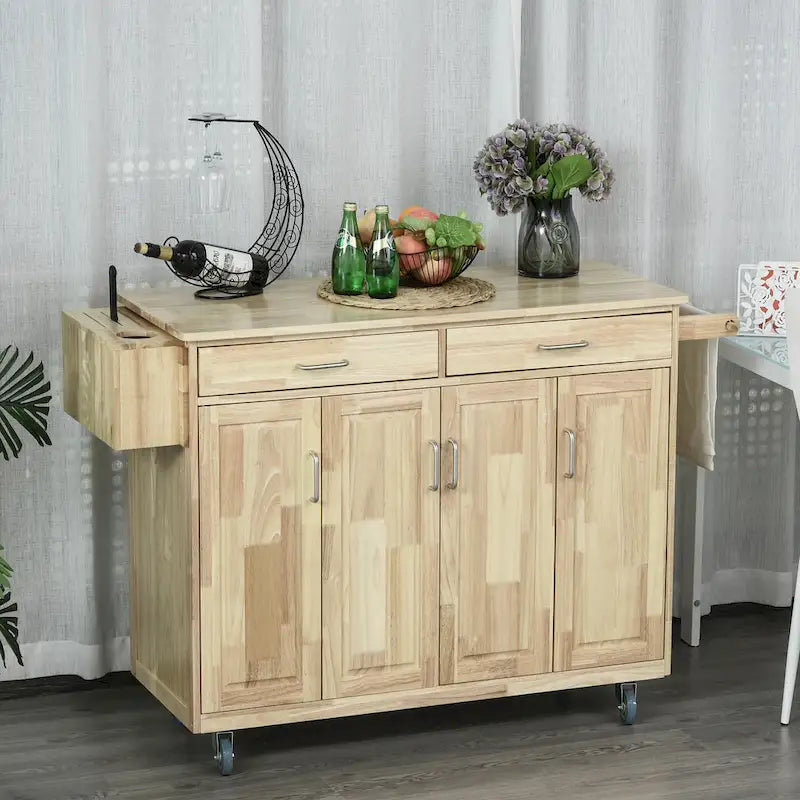 HOMCOM Wooden Rolling Kitchen Island Utility Storage Cart with Drawers, Door Cabinets, and Towel Rack for Dining Room