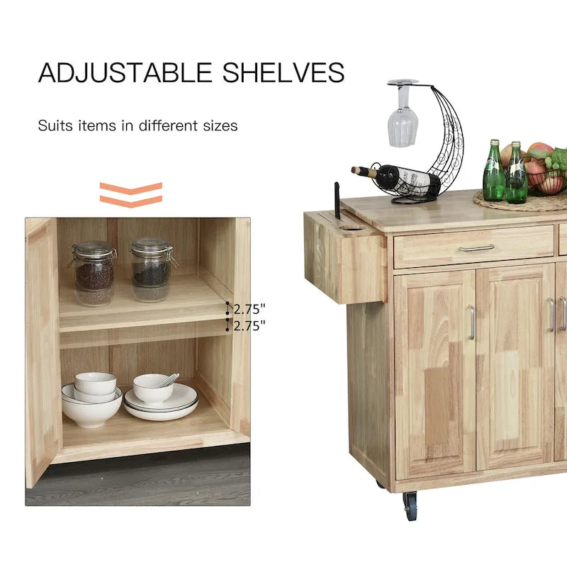 Desserte de cuisine roulante en bois avec tiroirs, armoires à portes et porte-serviettes pour salle à manger