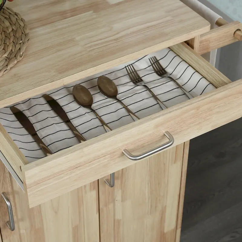 Desserte de cuisine roulante en bois avec tiroirs, armoires à portes et porte-serviettes pour salle à manger