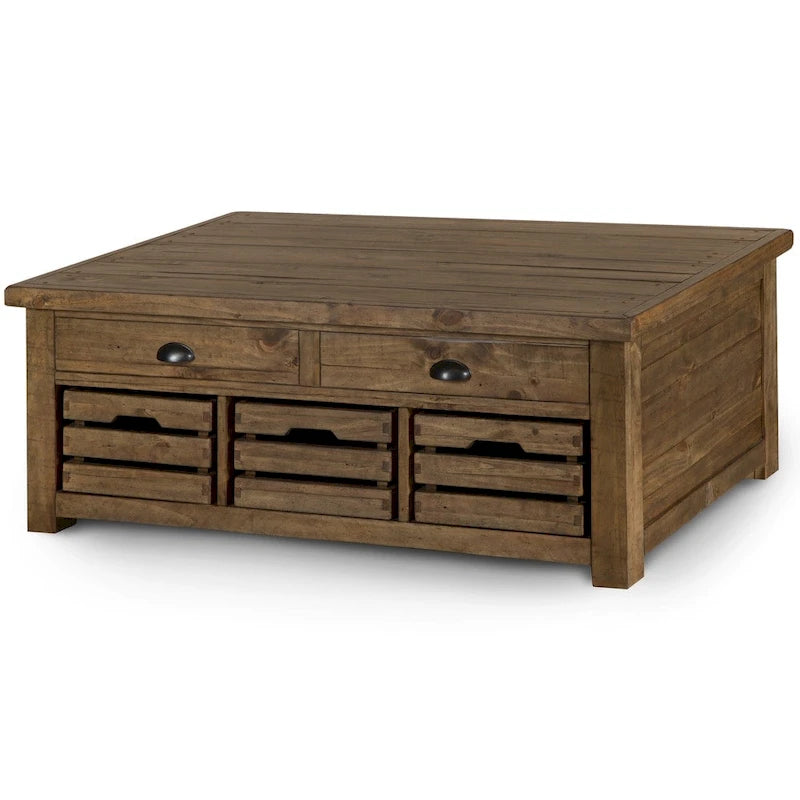 Table basse rustique avec plateau relevable, espace de rangement et roulettes, couleur muscade chaleureuse