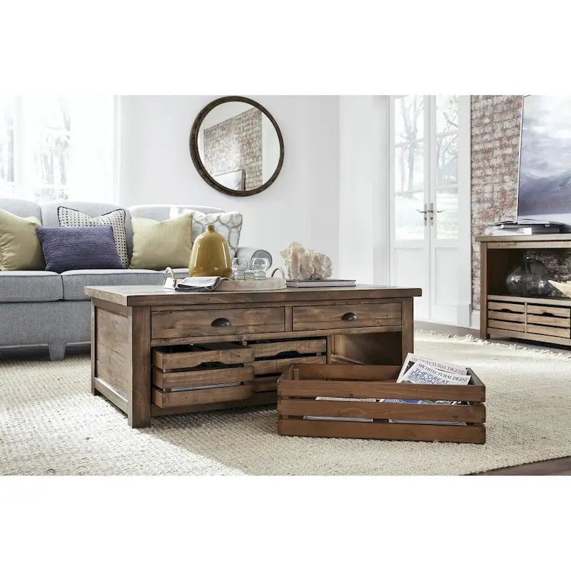 Table basse rustique avec plateau relevable, espace de rangement et roulettes, couleur muscade chaleureuse