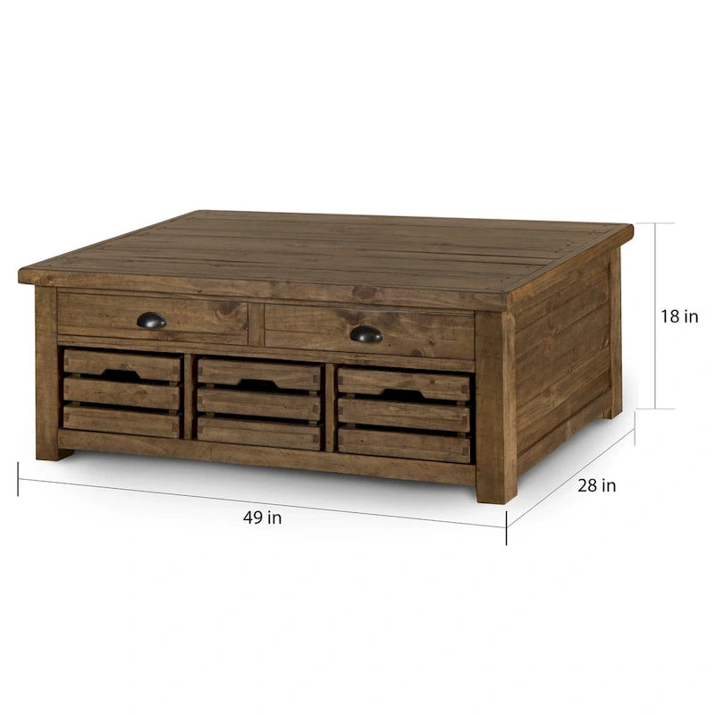Table basse rustique avec plateau relevable, espace de rangement et roulettes, couleur muscade chaleureuse