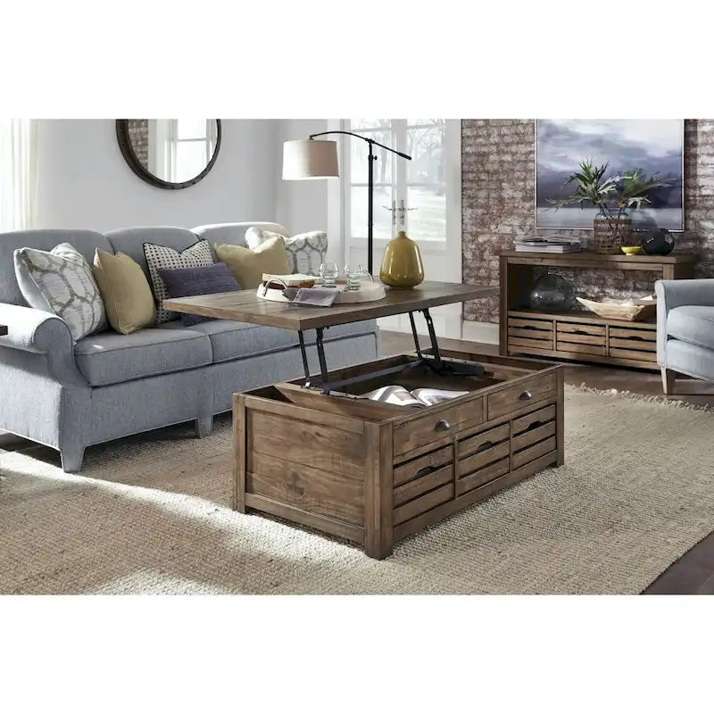 Table basse rustique avec plateau relevable, espace de rangement et roulettes, couleur muscade chaleureuse