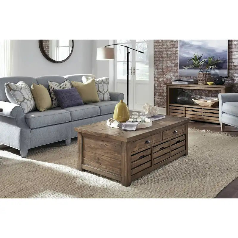 Table basse rustique avec plateau relevable, espace de rangement et roulettes, couleur muscade chaleureuse