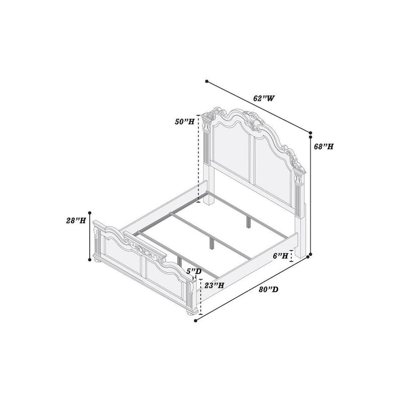 Lit queen en bois superbement sculpté, finition noyer foncé et placage