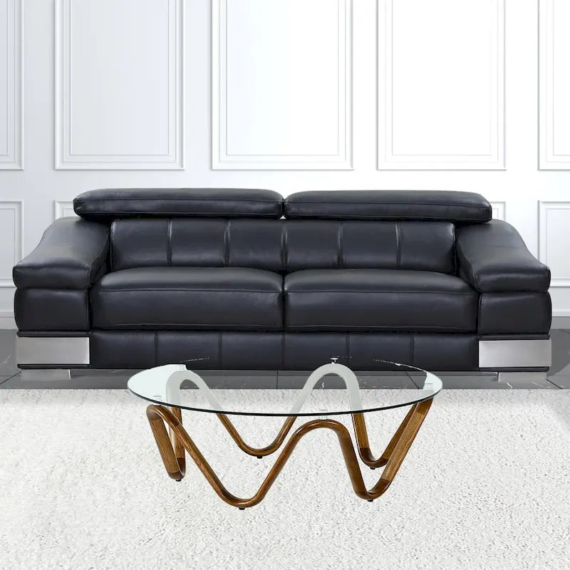 Table basse ronde abstraite en noyer et verre transparent de 45 po - 45 x 45 x 15