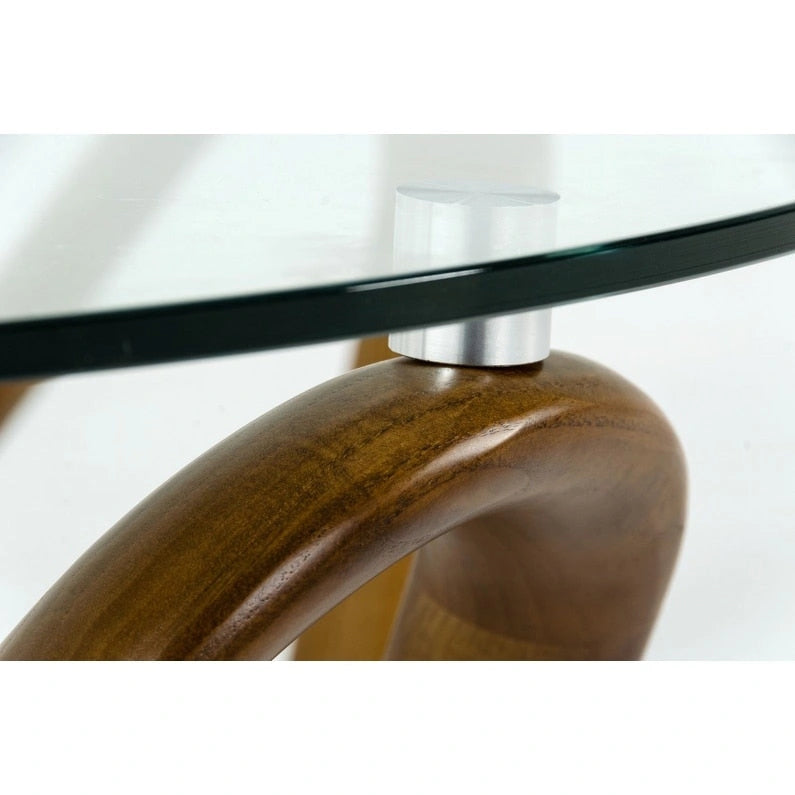 Table basse ronde abstraite en noyer et verre transparent de 45 po - 45 x 45 x 15