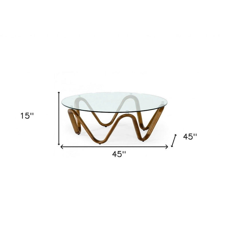 Table basse ronde abstraite en noyer et verre transparent de 45 po - 45 x 45 x 15