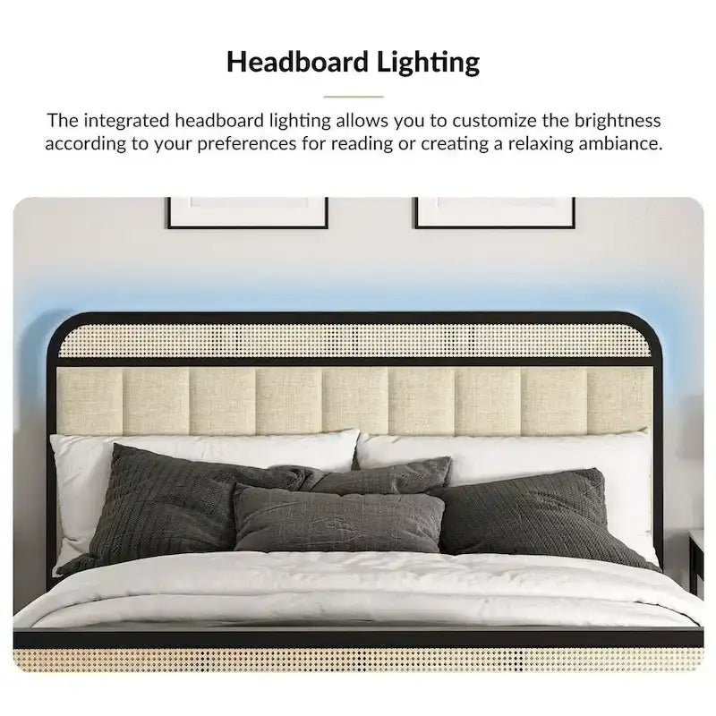 Lit moderne en bois massif avec tête de lit LED en rotin
