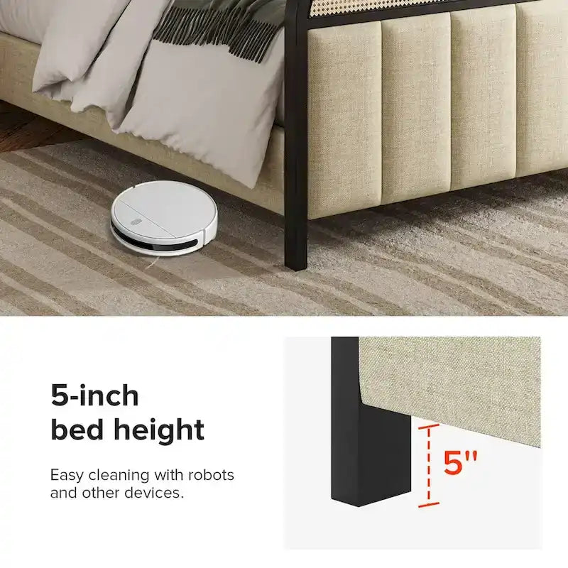 Lit moderne en bois massif avec tête de lit LED en rotin