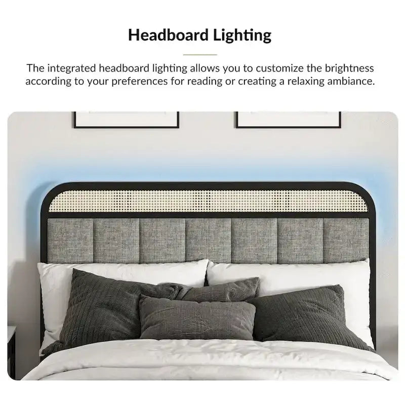 Lit moderne en bois massif avec tête de lit LED en rotin