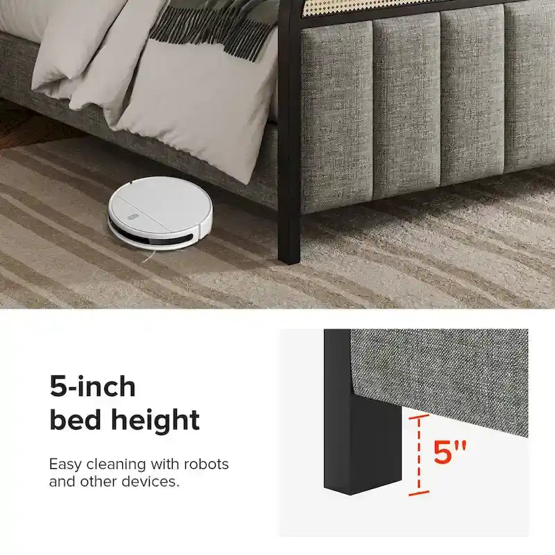 Lit moderne en bois massif avec tête de lit LED en rotin
