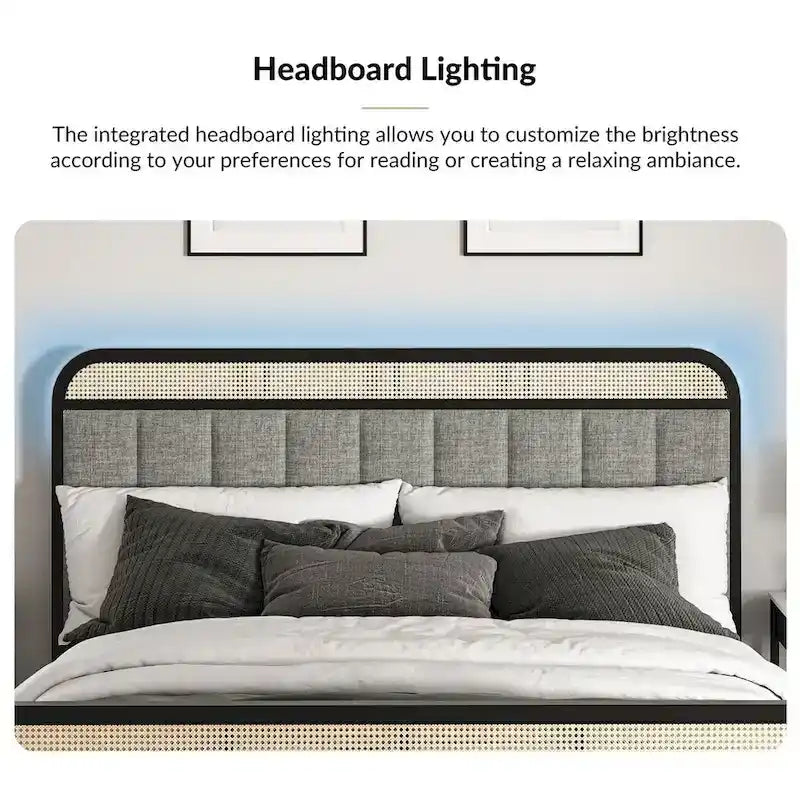 Lit moderne en bois massif avec tête de lit LED en rotin
