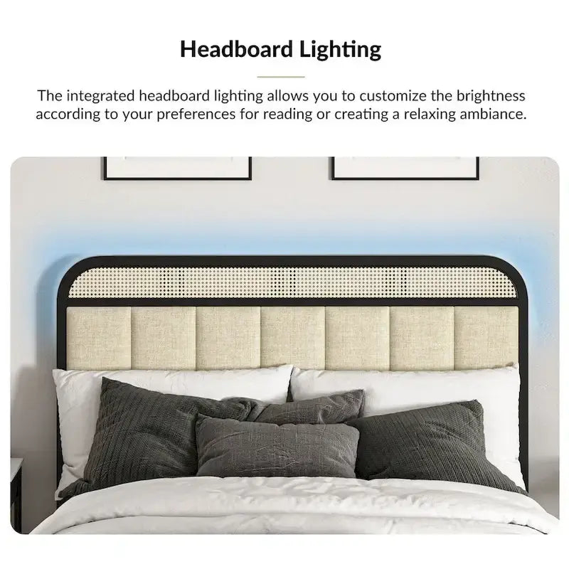 Lit moderne en bois massif avec tête de lit LED en rotin