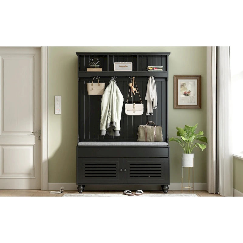 Banc d'entrée 5-en-1 avec portes à persiennes, portemanteau, coussin et 4 crochets robustes, meuble d'entrée avec banc de rangement de 47,2 po de largeur