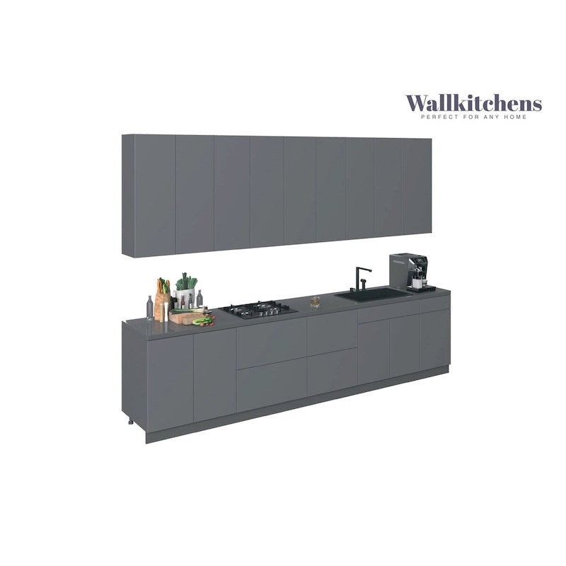 Ensemble d'étagères murales modulaires et meuble à tiroirs gris, base de 3,35 m (11 pi) de largeur - 138x24