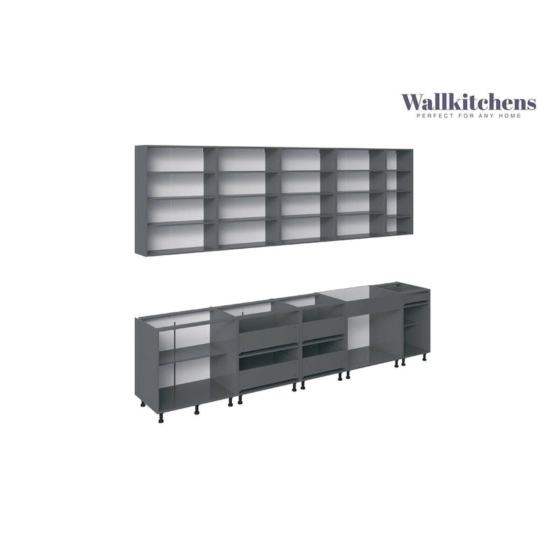 Ensemble d'étagères murales modulaires et meuble à tiroirs gris, base de 3,35 m (11 pi) de largeur - 138x24