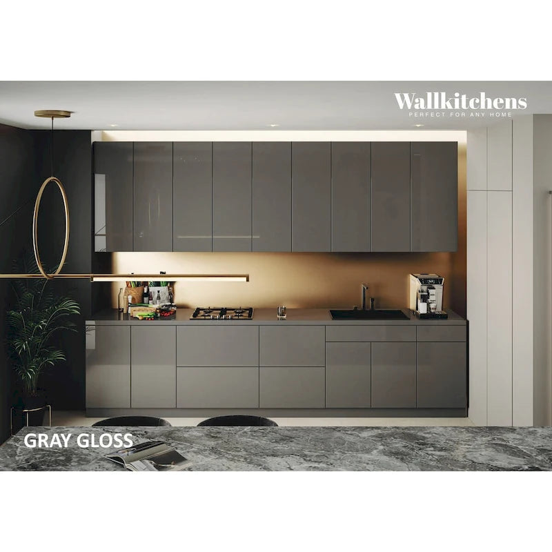 Ensemble d'étagères murales modulaires et meuble à tiroirs gris, base de 3,35 m (11 pi) de largeur - 138x24