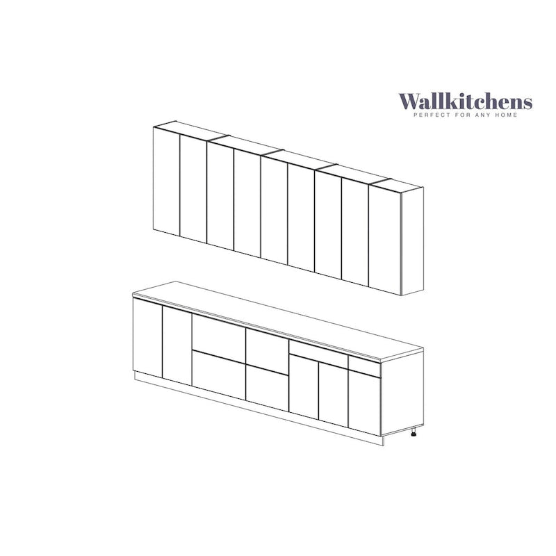 Ensemble d'étagères murales modulaires et meuble à tiroirs gris, base de 3,35 m (11 pi) de largeur - 138x24