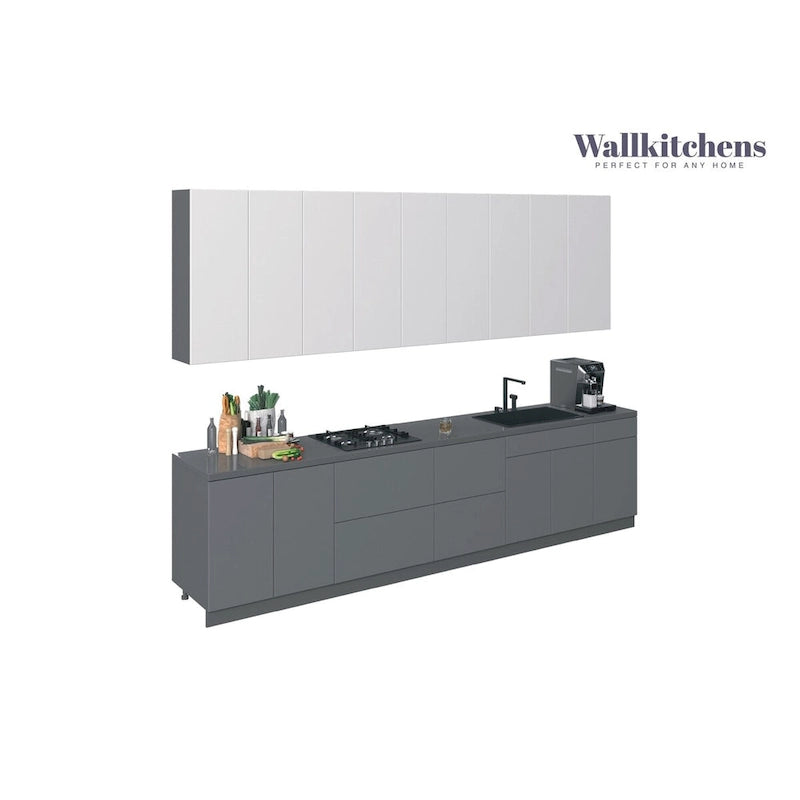 Ensemble d'étagères murales modulaires et meuble à tiroirs gris, base de 3,35 m (11 pi) de largeur - 138x24
