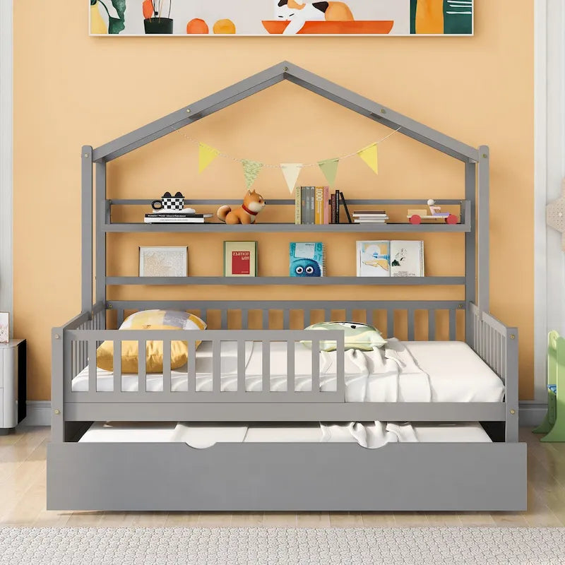 Lit cabane double en bois avec lit gigogne – Plusieurs rangements, barrières de sécurité