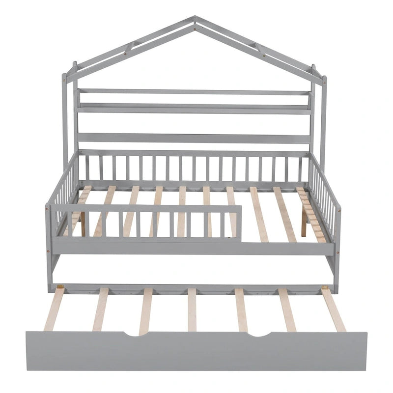 Lit cabane double en bois avec lit gigogne – Plusieurs rangements, barrières de sécurité