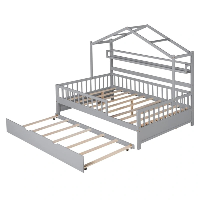 Lit cabane double en bois avec lit gigogne – Plusieurs rangements, barrières de sécurité