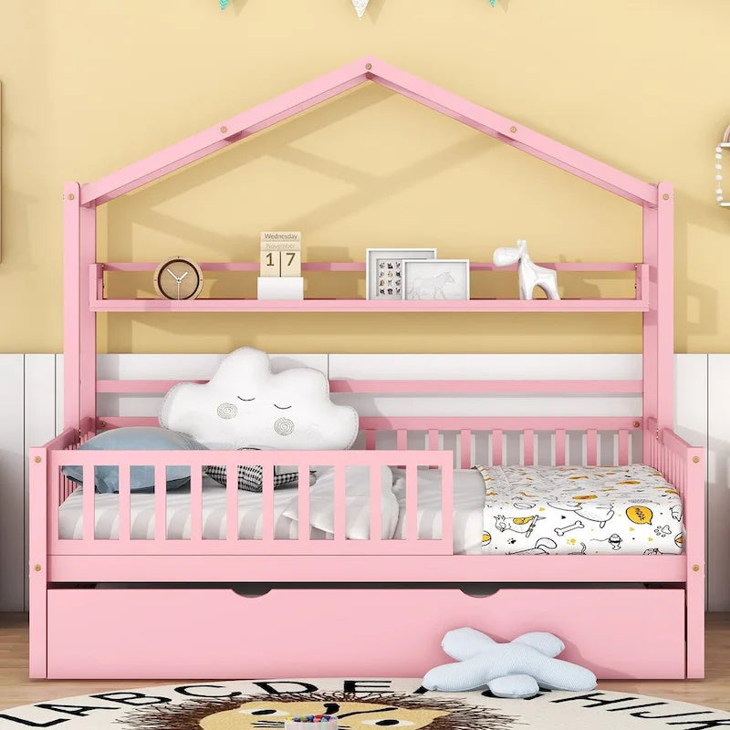 Lit cabane double en bois avec lit gigogne – Plusieurs rangements, barrières de sécurité