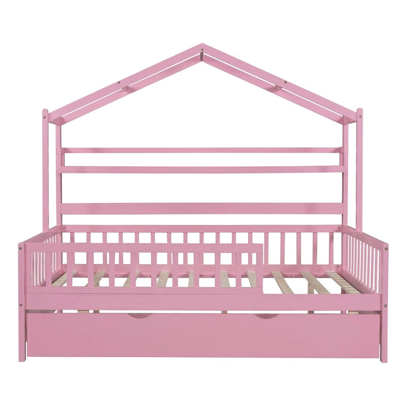 Lit cabane double en bois avec lit gigogne – Plusieurs rangements, barrières de sécurité