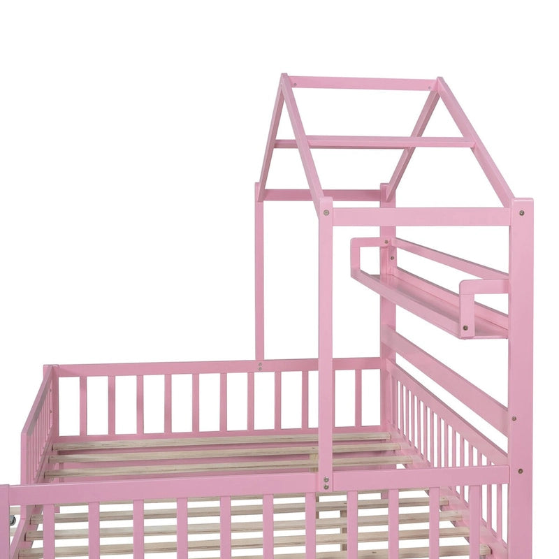 Lit cabane double en bois avec lit gigogne – Plusieurs rangements, barrières de sécurité