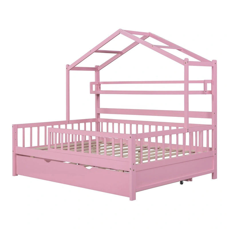 Lit cabane double en bois avec lit gigogne – Plusieurs rangements, barrières de sécurité