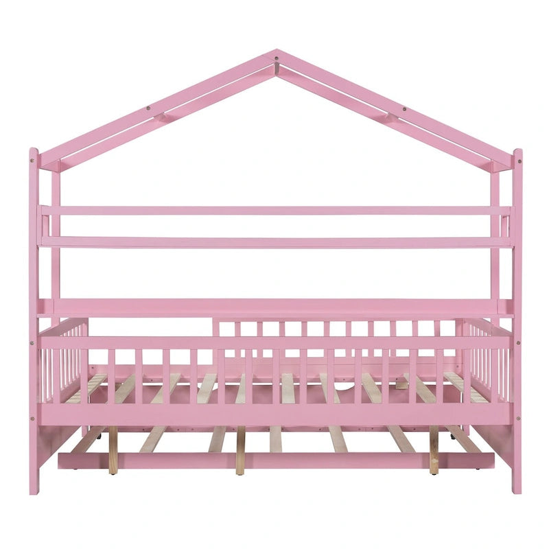 Lit cabane double en bois avec lit gigogne – Plusieurs rangements, barrières de sécurité